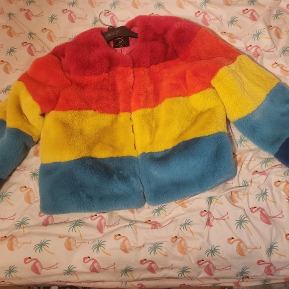New York & Company Rainbow Striped Colorful Fluffy Faux Fur Coat - Picture 7 of 7